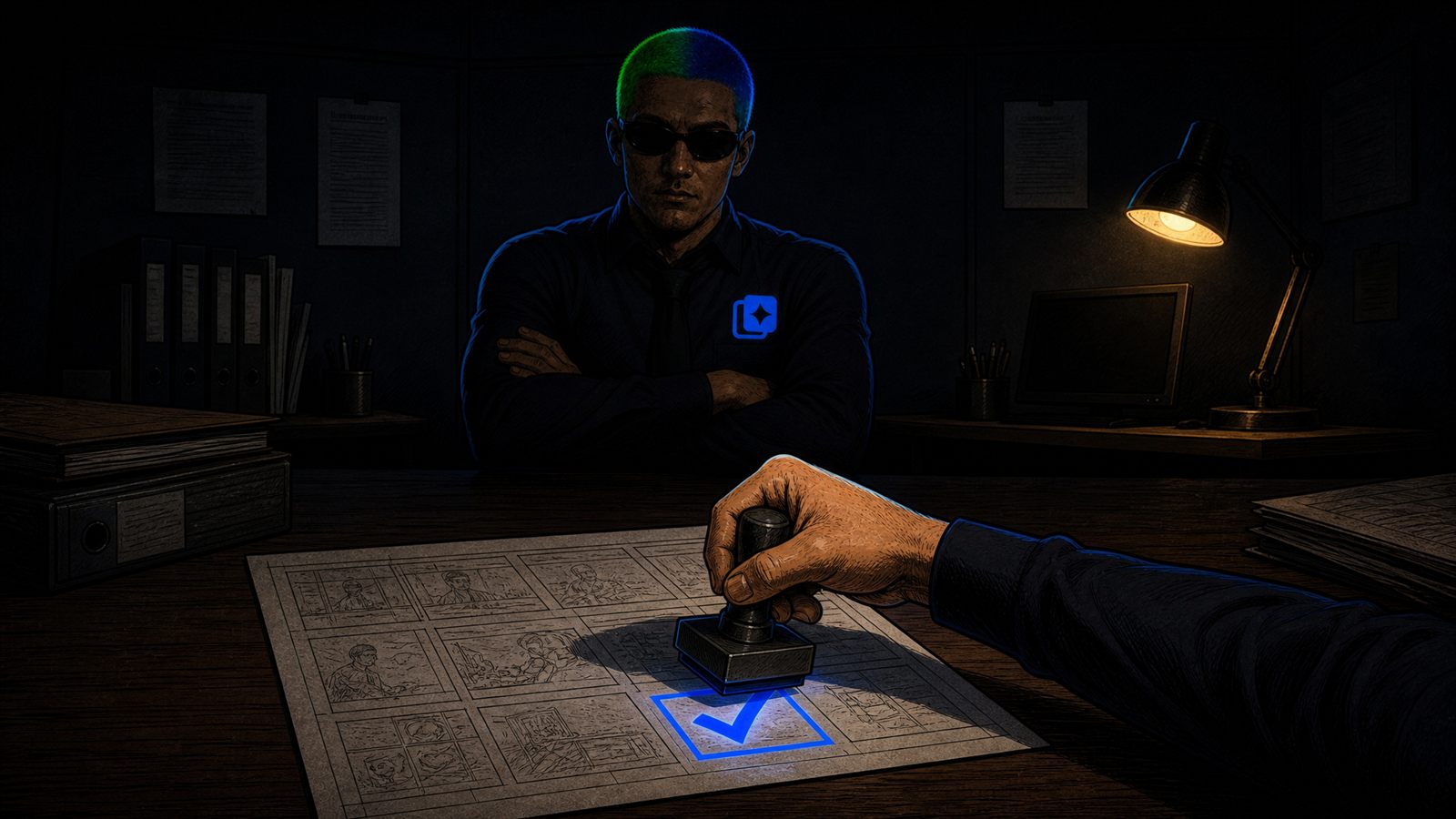A hand stamping a glowing blue checkmark onto a storyboard sheet