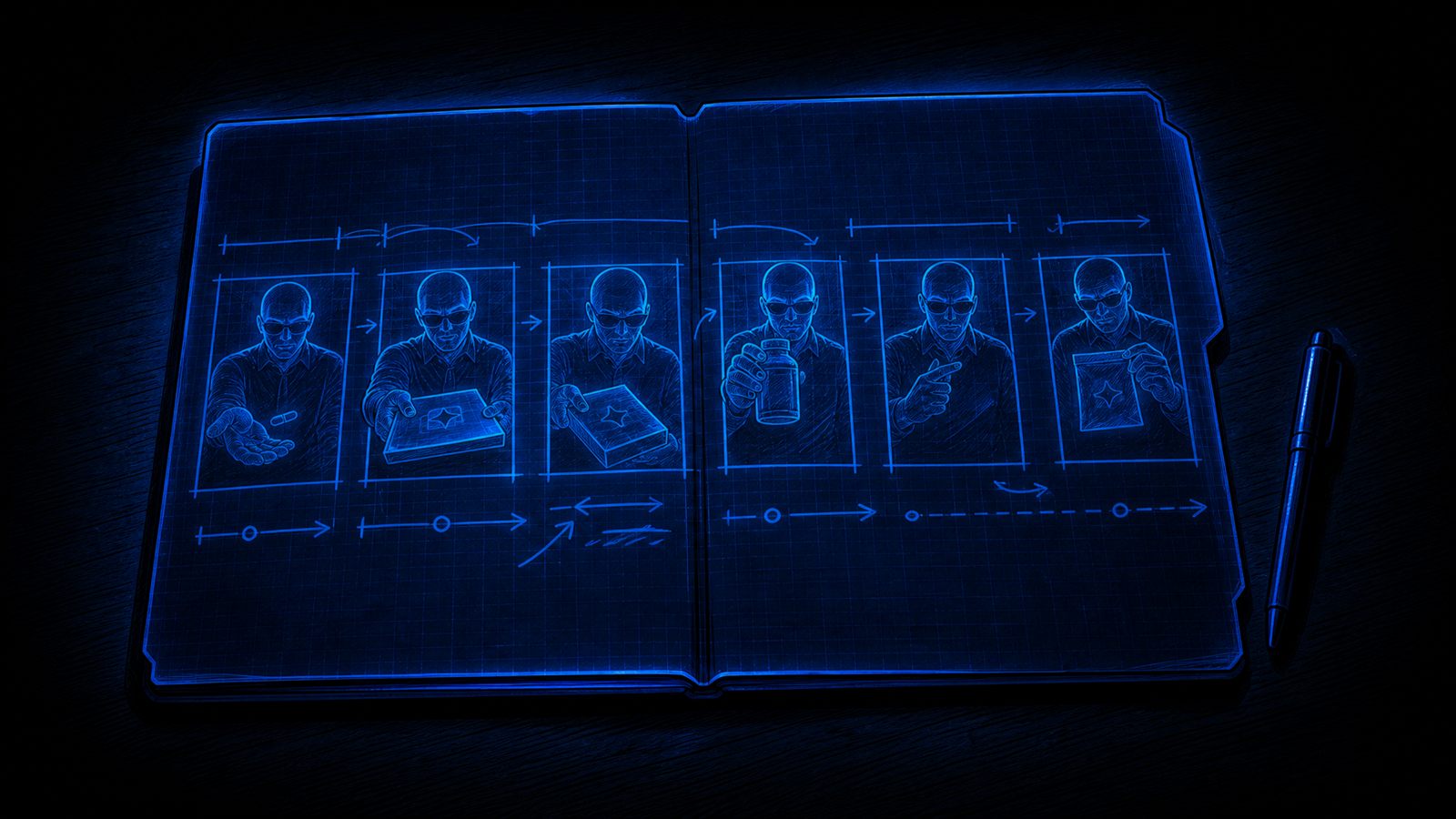A notebook of glowing blue campaign storyboards and diagrams