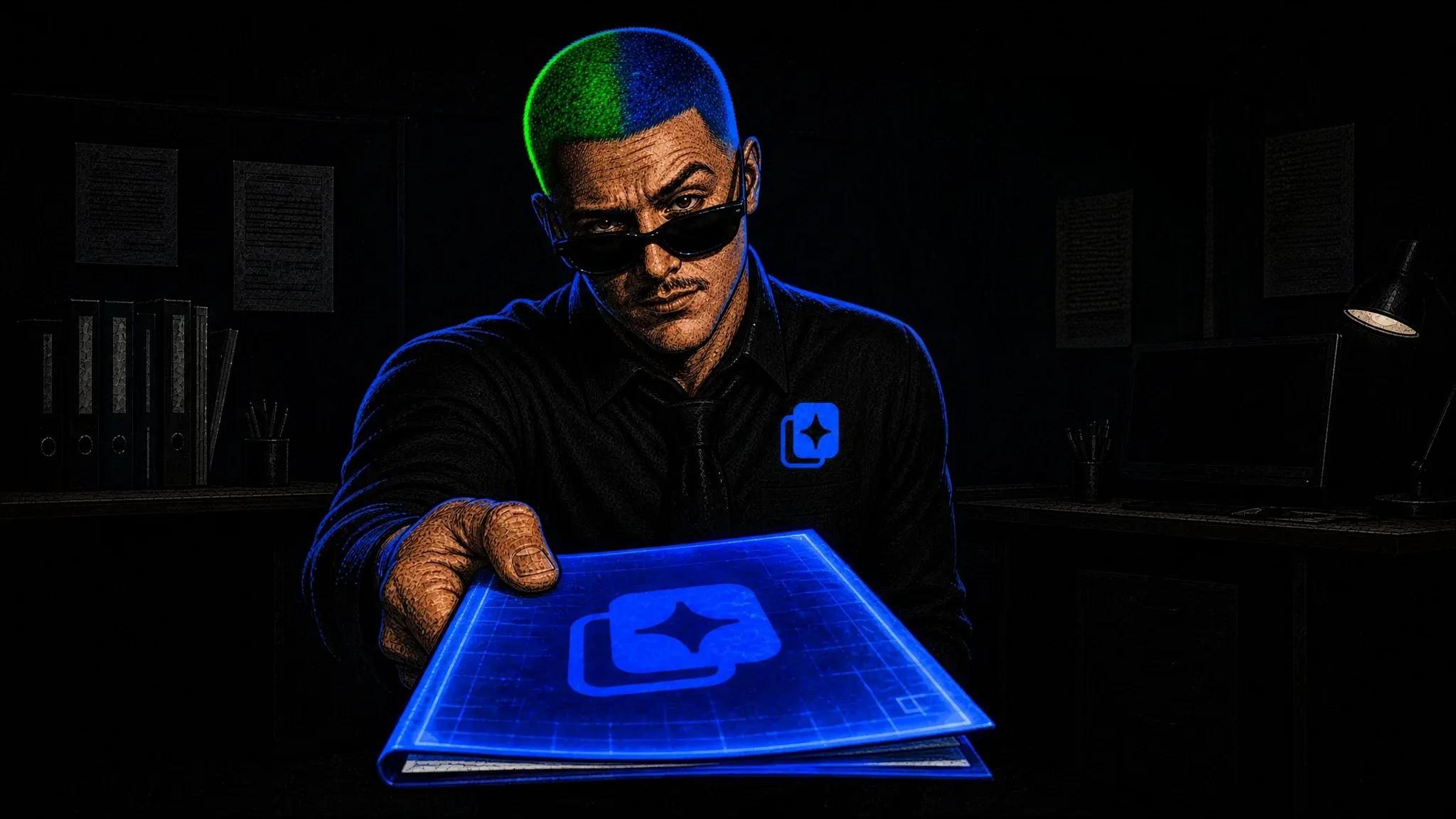 The Operator handing over a glowing blueprint folder, saying: start here