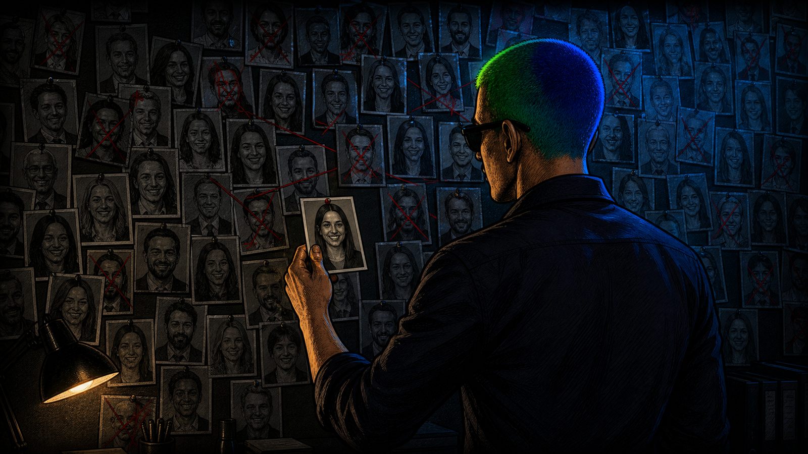 A man studying a wall covered in pinned audience portraits