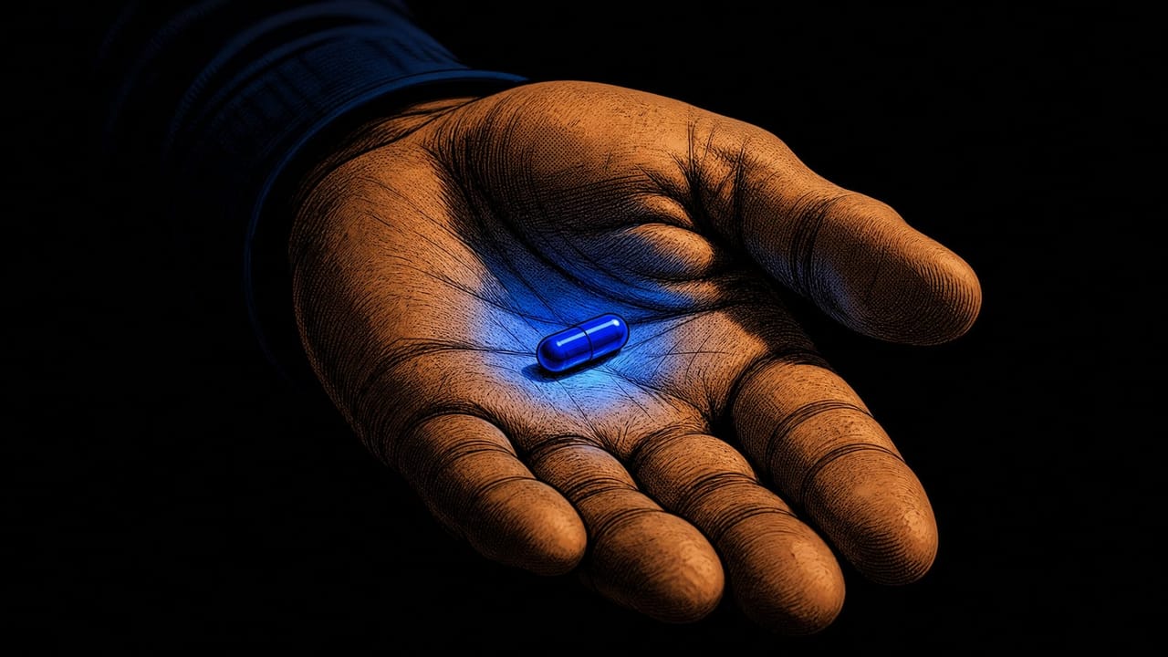 An open hand holding a glowing blue pill