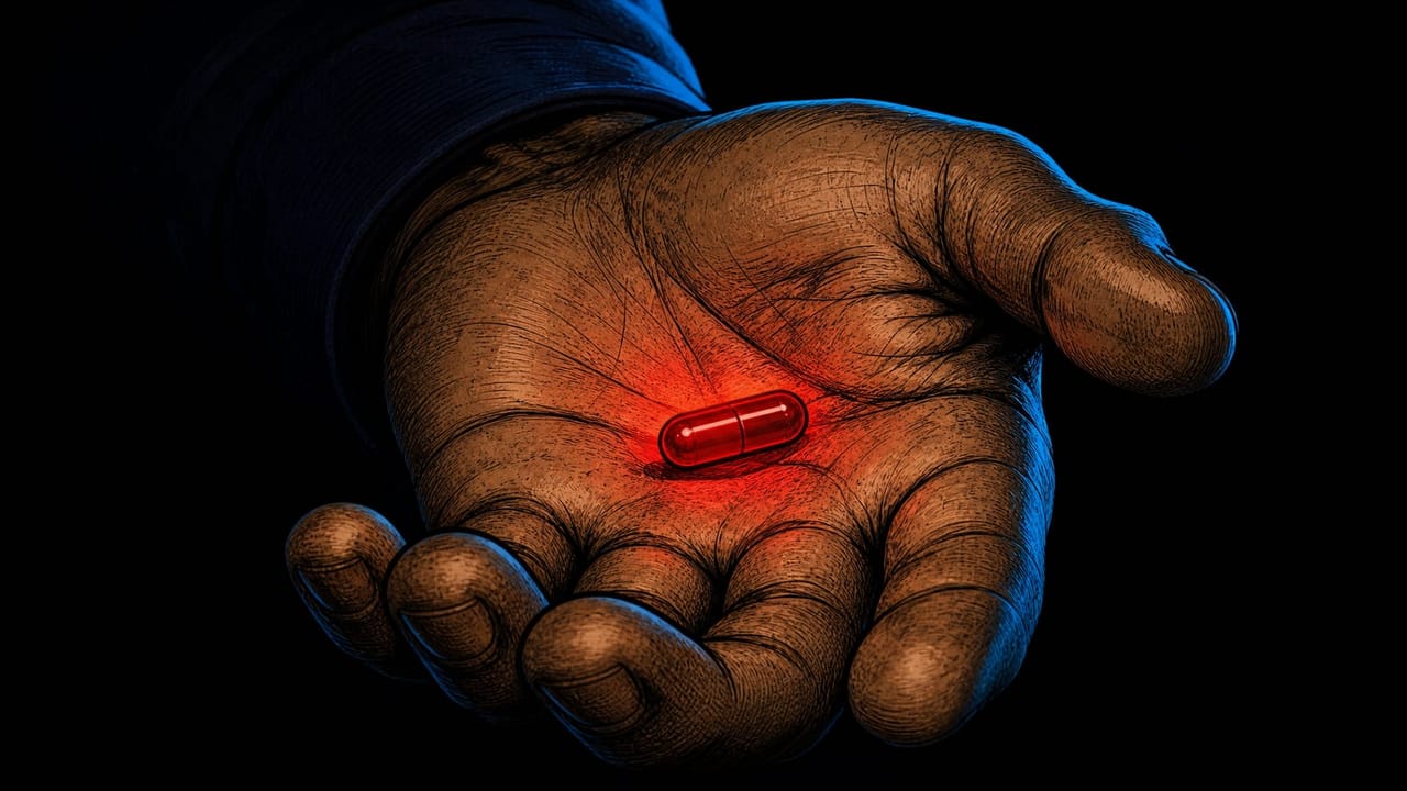 An open hand holding a glowing red pill