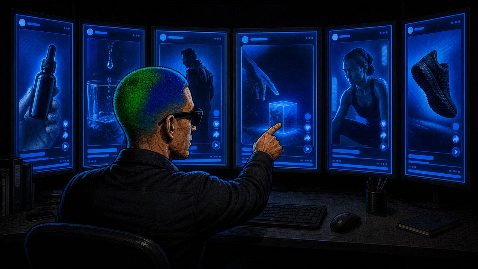 A man directing six glowing screens of generated social ads